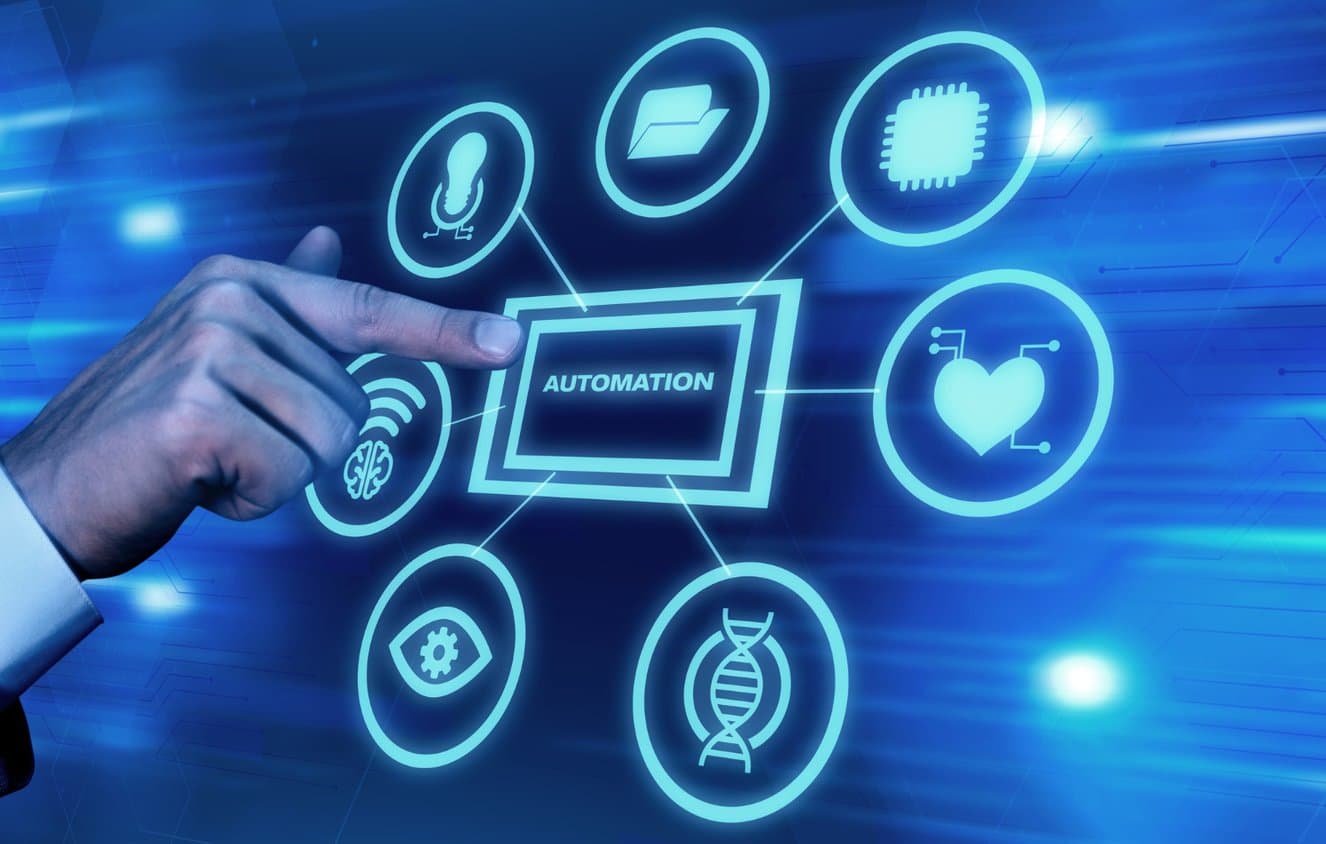 Hand touching a holographic automation workflow interface
