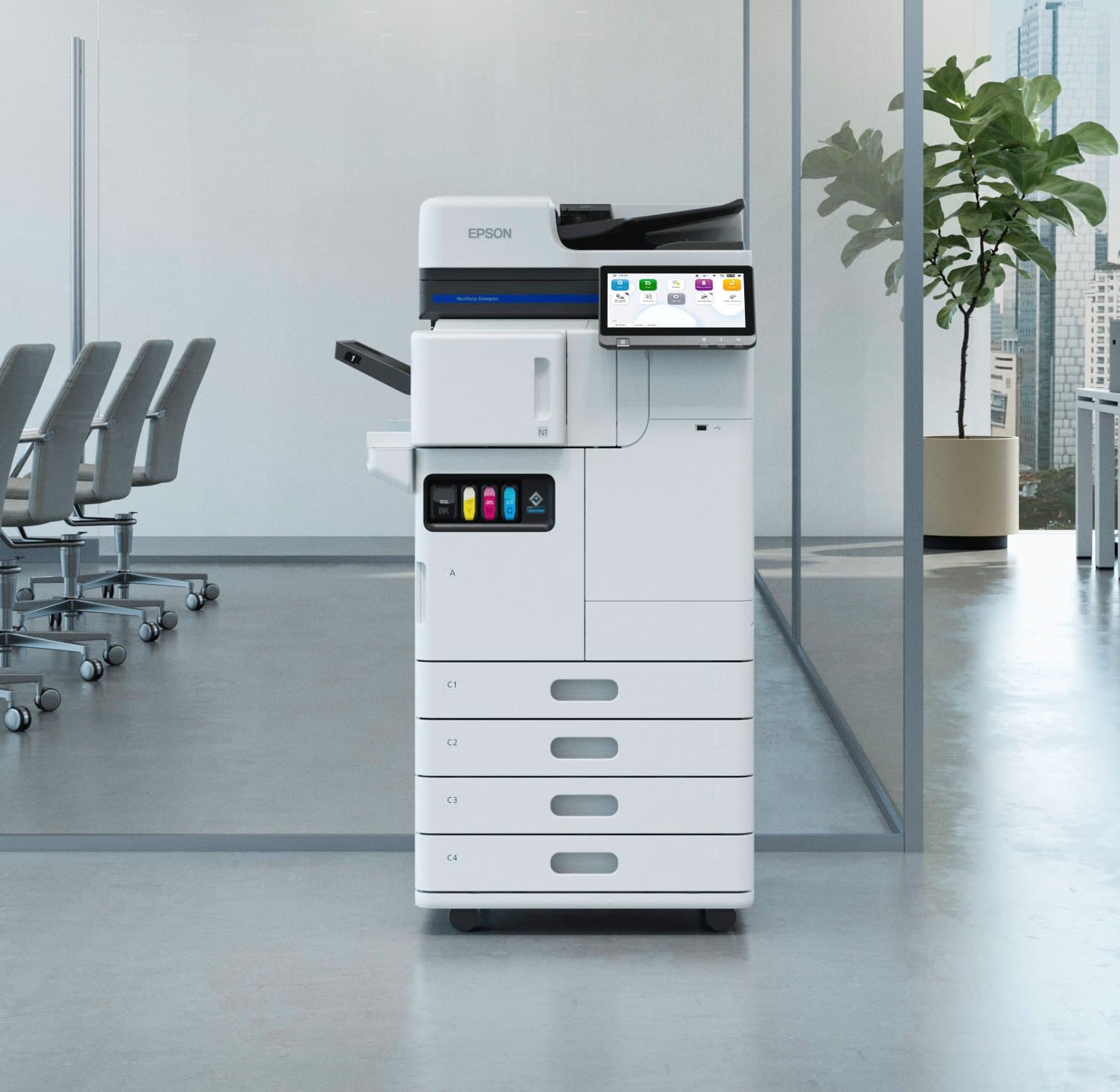 EPSON WorkForce multifunction printer in a modern glass-walled office