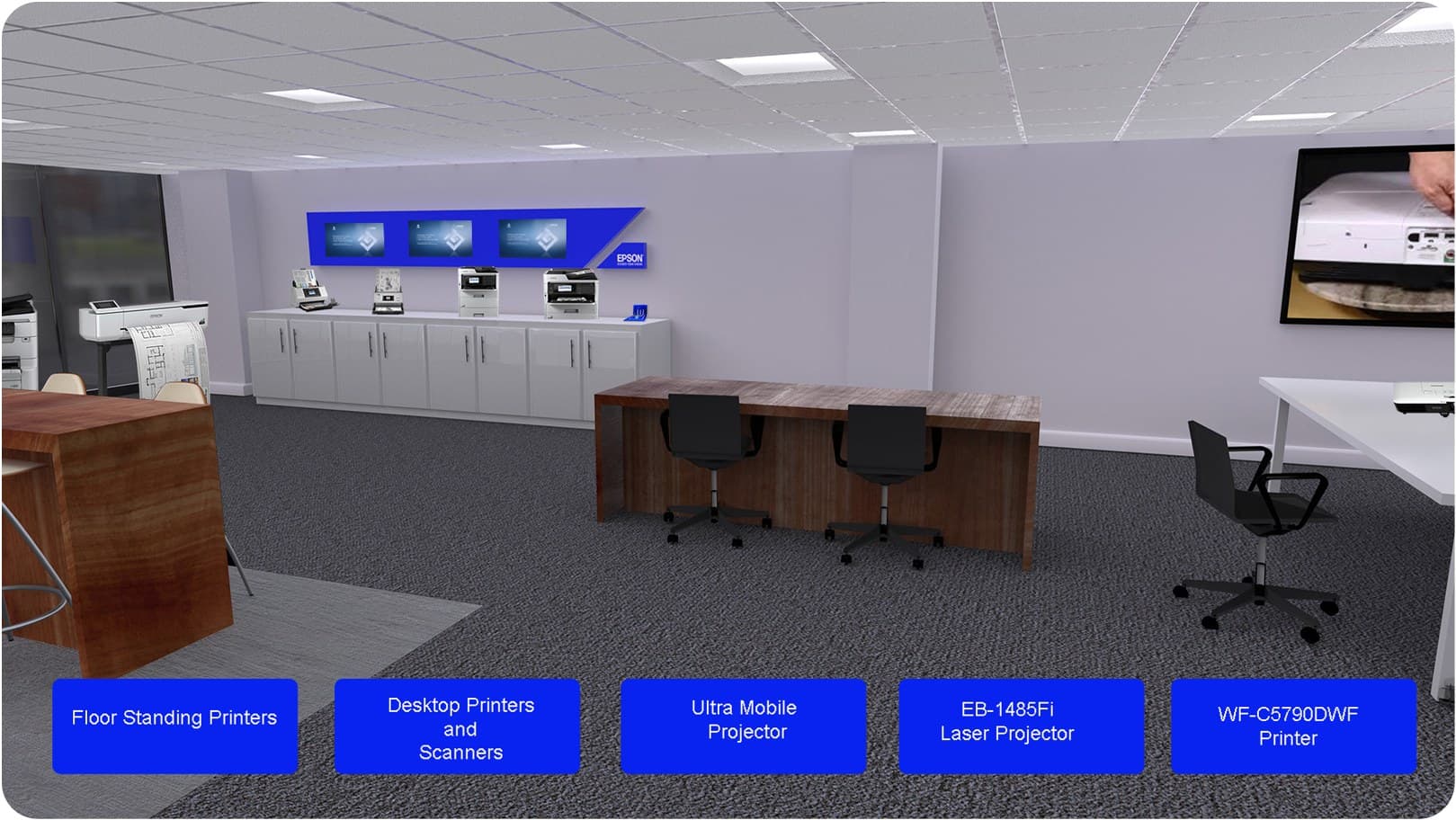 EPSON virtual showroom with floor standing printers, desktop printers, scanners and projectors